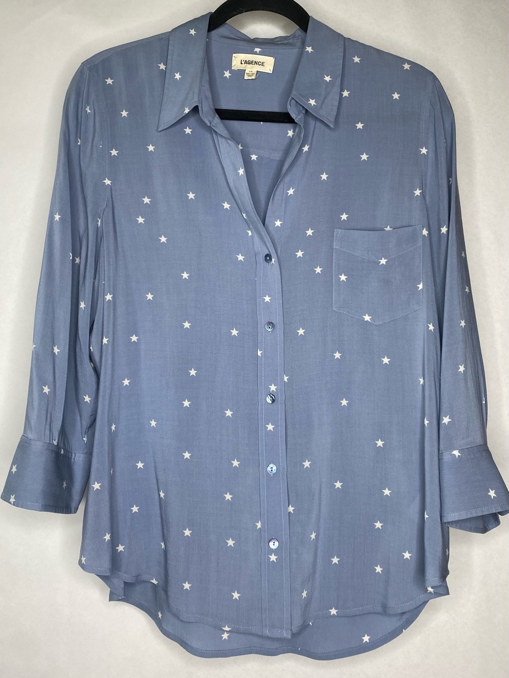 L'AGENCE Ryan Star Blue Button Down 3/4 Sleeve Shirt Blouse Sz Lg